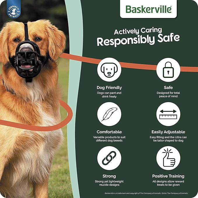 BASKERVILLE ULTRA MUZZLE - Patented Humane Design, Breathable, Dog can Pant and Drink, Adjustable, Padded, Dog Training Muzzle for Large Dogs, Prevents Biting, Wildlife Scavenging (Size 5, Black)-PawvioPets