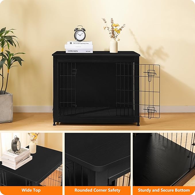 DWANTON Dog Crate Furniture with Cushion, Wooden Kennel Table with Double Doors, Indoor Dog House, Medium Size, 32.5" L, Black-PawvioPets