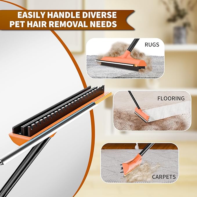 3 in 1 Carpet rake Kit for Pet Hair Removal Tool - Reusable Pet Hair Remover broom w 58"Adjustable Long Handle, Dog & Cat Carpet Scraper, Pet Hair Remover for Rugs, Mats, Couch, Curtains(Orange)-PawvioPets