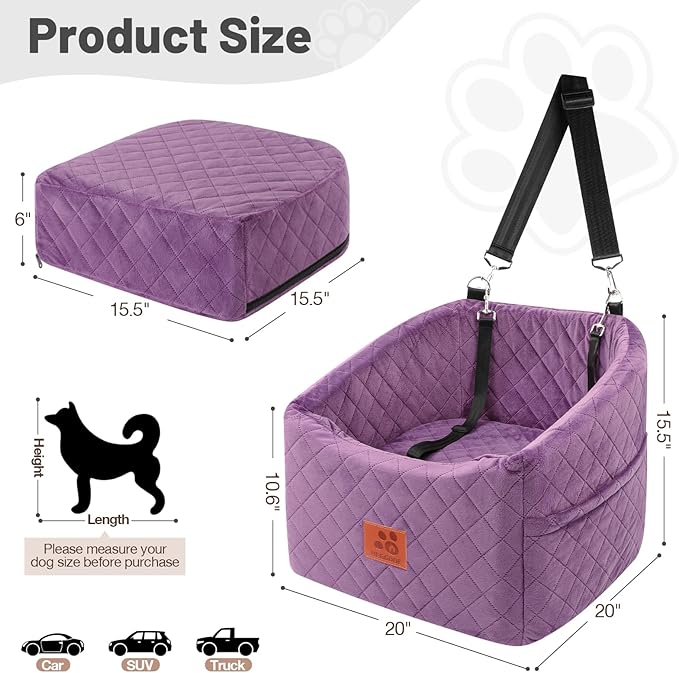 Dog Car Seat for Small Medium Dogs, Memory Foam Pet Booster Seat for Dogs up to 35 lbs, Elevated Dog Carseat, Travel Safety Bed with Washable Removable Cover and Storage Pockets (Purple)-PawvioPets