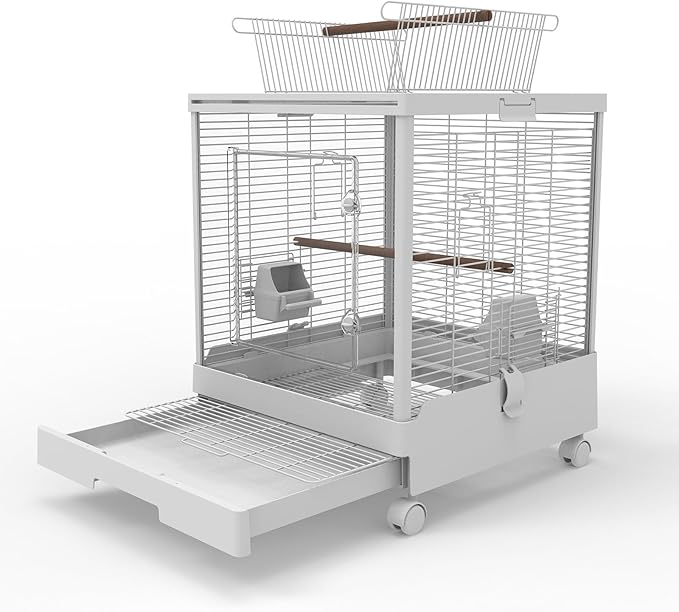 Clear View Bird Cage with Play Top, Modern Rolling Flight Cage for Parakeets, Cockatiels, Conures, Lovebirds, White Parrot Cage with 0.4" Bar Spacing, Slide-Out Tray & Accessories-PawvioPets