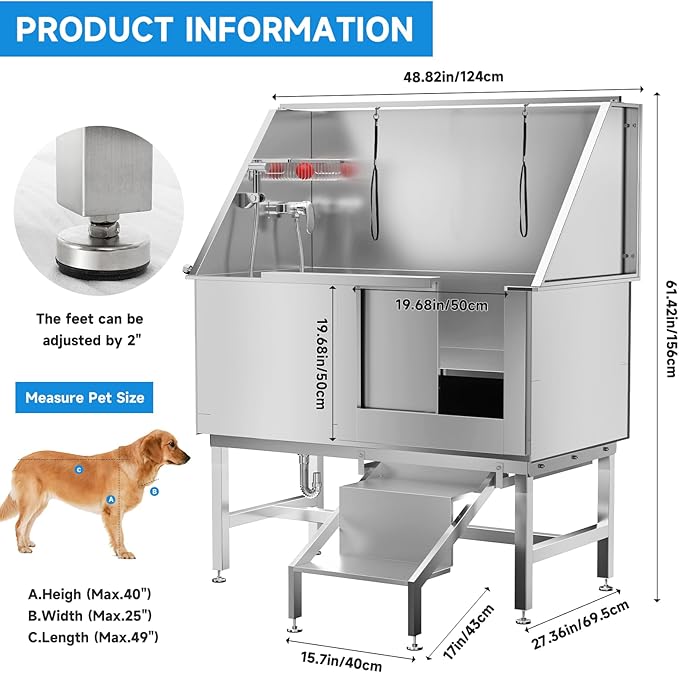 Dog Washing Station 50" Dog Grooming Tub with Right Stair& Faucet, Stainless Steel Dog Bathing Station for Home,Dog Bathtub for Large,Medium,Small Pets-PawvioPets