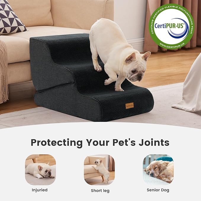 Gardner Pet Dog Stairs for Small Dogs 16.5" H, 2 in 1 Transformable 3-Step Pet Stairs and Dog Ramp for Couch (13-20 in), Black Adjustable Pet Steps with Non-Slip Waterproof Cover and CertiPUR-US Foam-PawvioPets