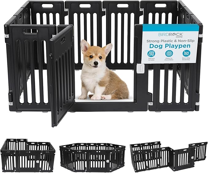 BIRDROCK HOME Dog Playpen w/Door, 12 Panel, 25.6in H | Strong Plastic, Non-Slip Puppy Playpen, Secure Pet Gate | Indoor Outdoor Fence | Configurable Panels | Small to Medium Pets - Black-PawvioPets