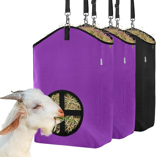 3 Packs Goat Hay Feeder,Hay Bags for Goats,Horses,Sheep,Premium 600D Oxford Cloth,with Metal Fastener and Adjustable Open Feed Hole for Slow Feeding. (2Purple + 1Black)-PawvioPets