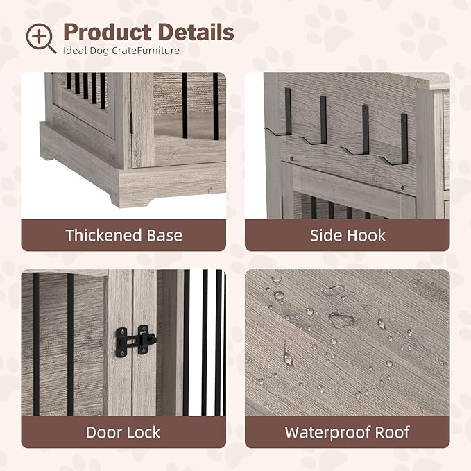 40 Inch Furniture-Style Dog Crate-Multipurpose Wood Pet Crate Furniture with Double Doors,2 Drawers, Decorative Dog House Indoor for Smal/Medium Dogs, Gray Finish-PawvioPets