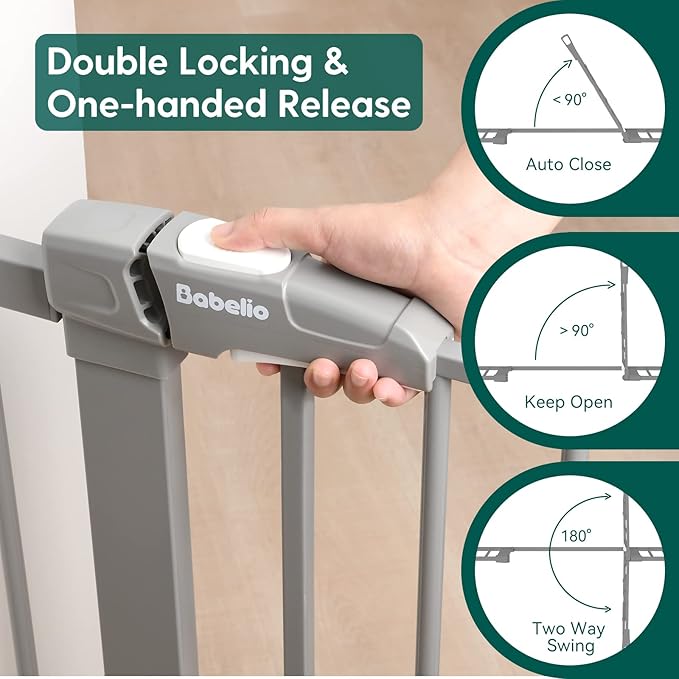 Babelio Metal Baby/Pet Gate, 29-48'' Auto Close Easy Install, Extra Wide Walk Thru for Child Safety, Pressure Mounted Dog Door for Doorways & Stairs, with Y Spindle Rods, Grey-PawvioPets