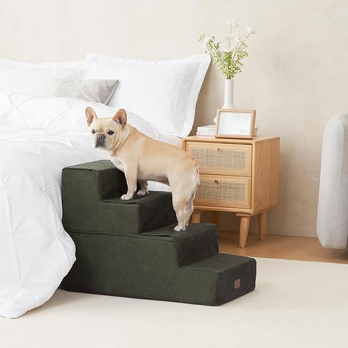 EHEYCIGA Dog Stairs for Bed 20" H, 4-Step Extra Wide Dog Steps for High Bed, Pet Steps for Small Dogs and Cats, Non-Slip Balanced Pet Ramp Indoor, Olive Green-PawvioPets
