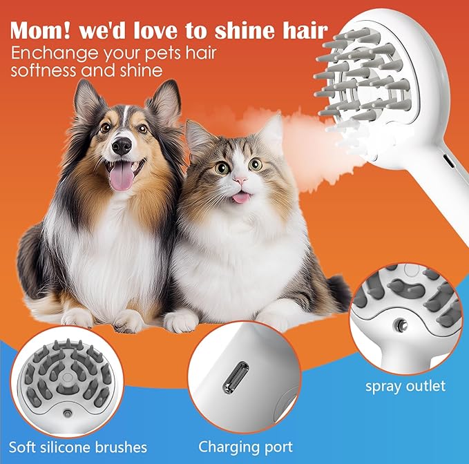 Cat Brushes for Indoor Cat, 6 in 1 Pet Steam Brush for Dog Cats Grooming Kit Supplies Hair Grooming for Long Short Hair Cats Dogs Massage & 2 Water Spray Modes Shedding Brush-PawvioPets