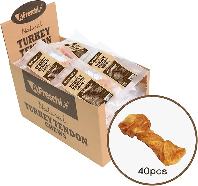 Afreschi Natural Turkey Tendon Bone (S) 40 Units/Box, Dog Treats for Signature Series, All Natural Human Grade Puppy Chew, USA-Sourced Turkey Tendon, Hypoallergenic, Rawhide Alternative-PawvioPets
