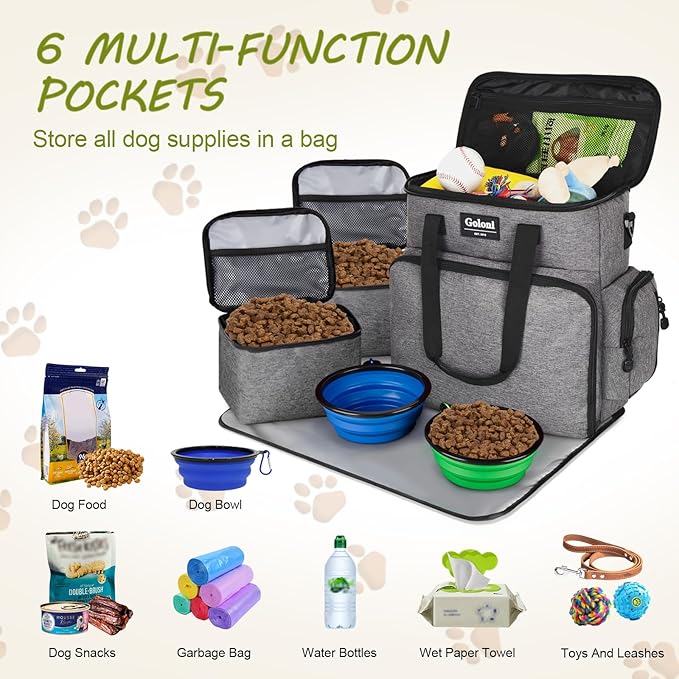 Dog Travel Bag Airline Approved–Pet Travel Tote with Collapsible Bowls,Food Containers & Feeding Mat–Multi-Pocket Organizer for Dogs & Cats, Durable & Water-Resistant for Hiking,Trips,Outdoors-PawvioPets