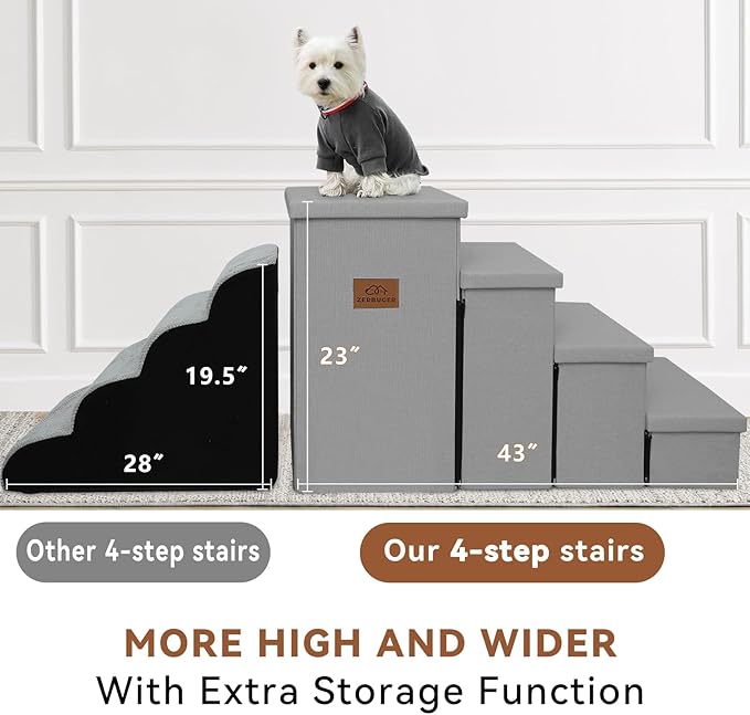 Dog Stairs with Storage 23" H, 4-Step Wider Dog Steps for High Beds Window, Folding Sturdy Pet Stairs Gift for Injured Old Dogs Cats, Ramp for Climbing Car Up to 200 lbs,(Gray, No Condo)-PawvioPets