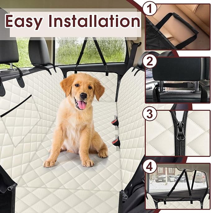 Dog Car Seat Cover, Durable Waterproof Scratch Proof Nonslip Dog Hammock, Pet Back Seat Covers with Pocket for Cars SUVs and Trucks - L, Beige/Black-PawvioPets