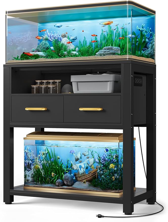 20-29 Gallon Aquarium Stand with Stable Metal Frame & Power Outlet, Heavy-Duty Fish Tank Stand with Waterproof Mat, 550LBS Capacity Storage Cabinet, Black-PawvioPets