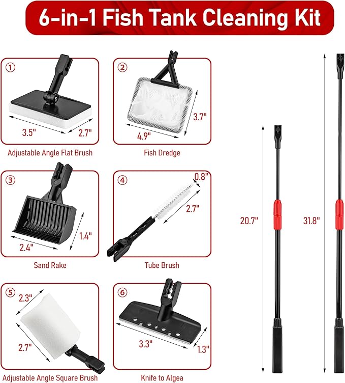 6 in 1 Aquarium Cleaning Tool Kit Fish Tank Algae Scraper, Sponge Pad, Fish Net, Gravel Rake and Cleaning Brush with Telescopic Long Handle-PawvioPets