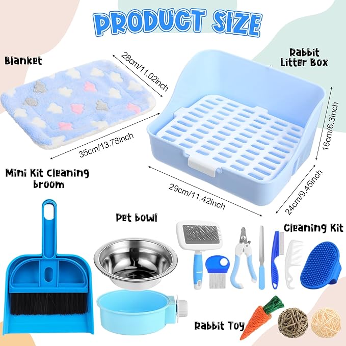 15 Pcs Rabbit Starter Kit Small Rabbit Litter Box Animal Grooming Kit Bunny Toys Bowl Blankets with Cleaning Set for Guinea Pig Accessories(Candy Blue)-PawvioPets