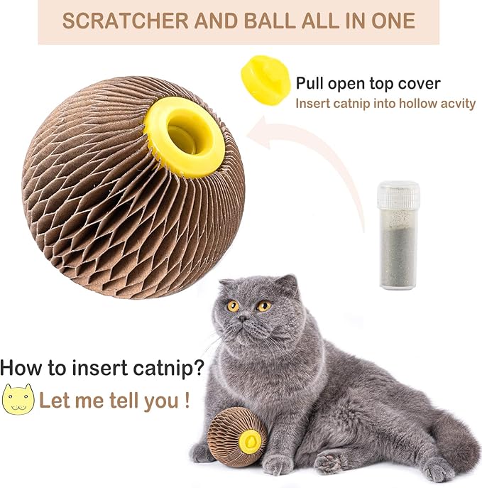 AREIIA Catnip Ball Toy for Cats Catnip Refillable Scratcher Ball Kitty's Faithful Playmate Reduce Obesity and Loneliness CSB01BR-PawvioPets