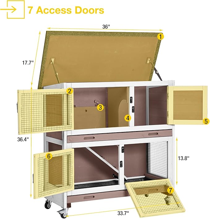 AIVITUVIN Wooden Rabbit Hutch Indoor Outdoor Rabbit Cage with Two Removable Trays Bunny Cage on Wheels Pet House Guinea Pig Cage 2 Story (Brown)-PawvioPets