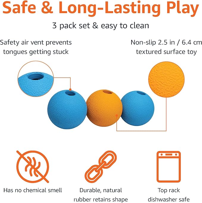 Amazon Basics Dog Toys, Interactive Fetch Rubber Balls, (Pack of 3), 2.5 inch, Blue, Orange-PawvioPets