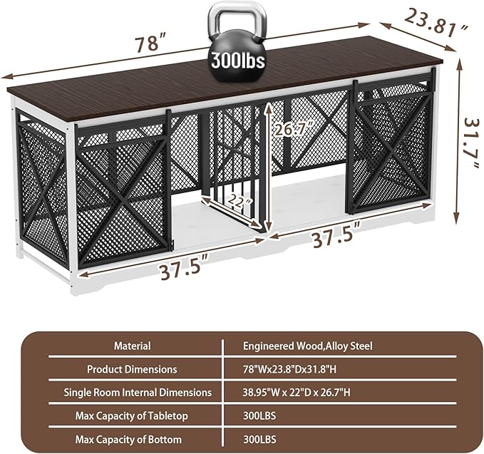 COZPAW 78 Inch Double Dog Crate Furniture, Extra Large Dog Kennel Indoor for Medium Large 2 Dogs, Heavy Duty Dog Cage Chew-Resistant Steel and Wooden Pet House with Removable Divider (White Brown)-PawvioPets