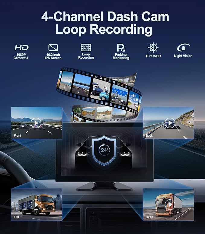 4 Channel 1080p Backup Camera Dash Cam for RV/Truck/Trailer/Van/SUV/Cars,10.2 Inch Touch Screen Quad Split Parking Monitor with DVR Recording/Playback/Bluetooth/FM Radio/Music/Video Player-PawvioPets