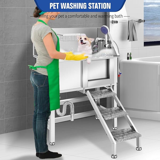 Dog Washing Station 38'' Stainless Steel Pet Grooming Tub for Large Dogs Over-Size Professional Dog Grooming Bathtub Station Wash Shower Sink Pet Grooming Bathtub Station-PawvioPets