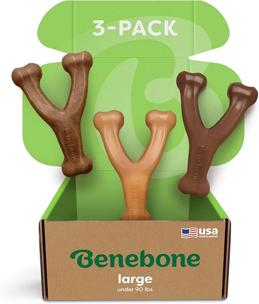 Benebone Large 3-Pack, Wishbone Durable Dog Chew Toy for Aggressive Chewers, Real Bacon, Chicken, Peanut Butter, Made in USA, Variety Pack-PawvioPets