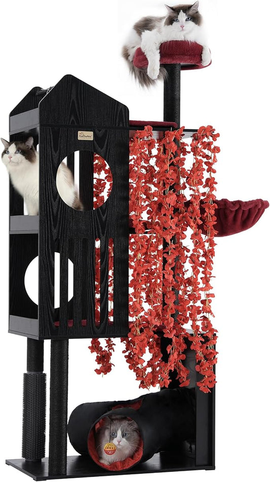 FourFurPets Gothic Cat Tree, 67" Cat Tower for Indoor Cats, Maine Coon Cat Tree for Large Cats 20 lbs+ with Extra-Large Padded Platform, Sisal-Covered Scratching Posts, Comfy Basket, Black & Red-PawvioPets