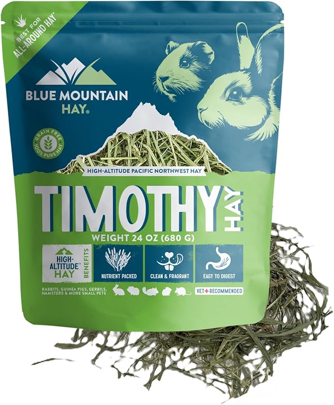 Blue Mountain Hay | Fresh Timothy Hay (24 Ounce) | Great for All Ages | High-Altitude Hay Pet Food for Rabbits, Guinea Pigs, Chinchillas, Hamsters, and Other Small Pets-PawvioPets