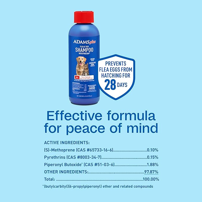 Adams Plus Flea & Tick Shampoo with Precor for Cats, Kittens, Dogs & Puppies Over 12 Weeks Of Age |Sensitive Skin Flea Treatment for Dogs & Cats |Kills Adult Fleas, Flea Eggs, Ticks, and Lice |6 Oz-PawvioPets