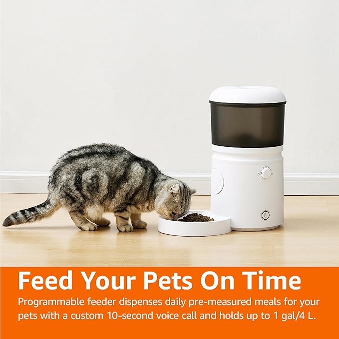 Amazon Basics Automatic Feeder for Cats and Dogs with Speed & Portion Control, 4L Capacity, White-PawvioPets