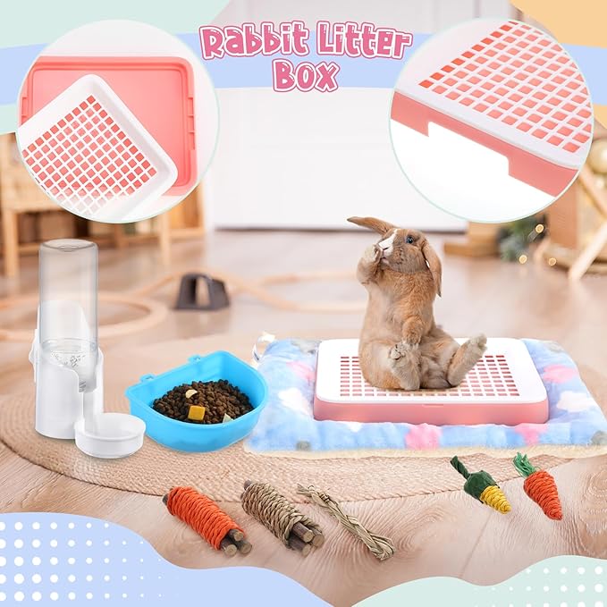 19 Pcs Rabbit Starter Kit Small Bunny Litter Box Rabbit Grooming Kit Water Bottle Bunny Toys Hay Feeder Bowl Blankets with Cleaning Set for Guinea Pig Accessories (Pink-White,Strawberry Bear)-PawvioPets