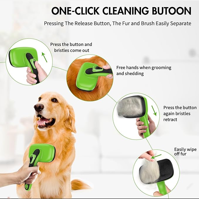 Dog Self Cleaning Slicker Brush for Shedding, Ideal for Short Long Haired Dogs, Including Cat. Removes Loose Fur, Undercoat, Mats, Tangled Hair. Suit for Large Medium Small Animal, Green-PawvioPets