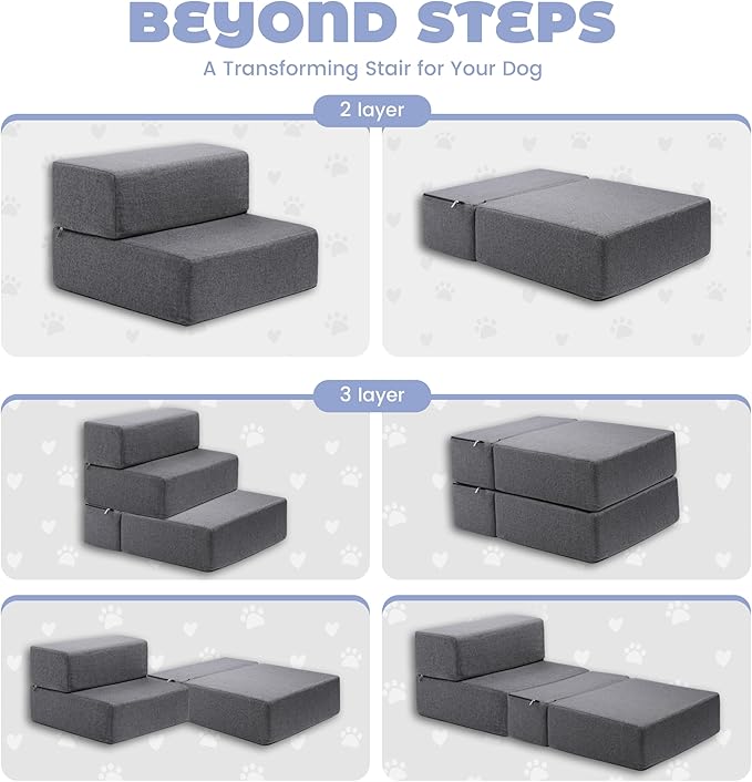 Foldable 18 Inch Wide Dog Stairs for Small Dogs, 12 Inch Height Foam Dog Steps for Bed & Couch, Linen Covered Pet Stairs for Dogs to Get on Bed, Indoor Foam Pet 2 Steps for for Cat and Puppy-PawvioPets