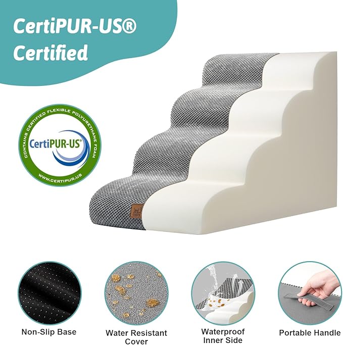 Dog Stairs for Small Dogs 19.7" H, Curved Dog Step for Puppy, Older or Cat, Medium Pet Ramp for Sofa, Couch or Bed, Ladder with High Density Foam, 15.7x28.3x19.7 inch, 4 Step, Grey-PawvioPets