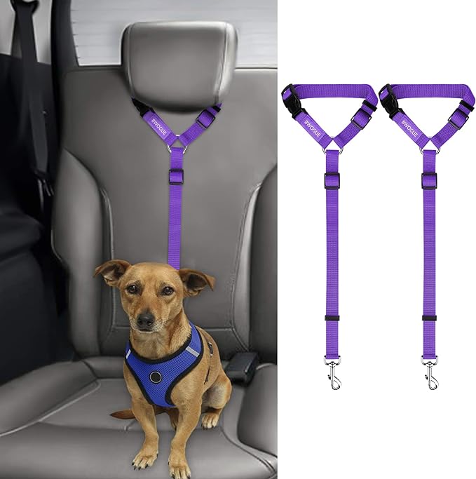 BWOGUE 2 Packs Dog Cat Safety Seat Belt Strap Car Headrest Restraint Adjustable Nylon Fabric Dog Restraints Vehicle Seatbelts Harness Purple-PawvioPets
