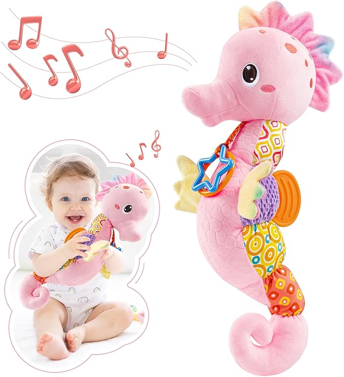 Baby Toys 0 to 12 Months, Musical Stuffed Animal Activity Soft Toys with Multi-Sensory Crinkle, Rattle and Textures,Infant Tummy Time Toys for Newborn Girls, Seahorse, Pink-PawvioPets