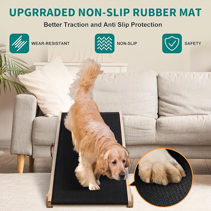 Dog Ramp for Bed, Adjustable Pet Ramps for Dog to Get on Bed, Non-Slip Rubber Surface - Folding Wooden Dog Ramp for Small/Large/Old Dogs, Adjustable up to 19.5 inch High Beds-PawvioPets