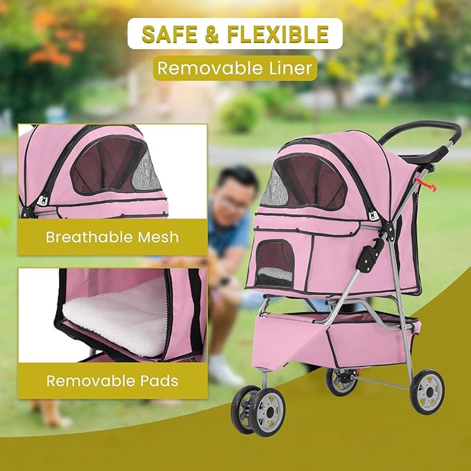 3-Wheels Pet Strolling Cart for Small Medium Dogs and Cats with Storage Basket,Holder, Foldable Pet Stroller with Waterproof Cover, Breathable Mesh for All-Season, Pink-PawvioPets