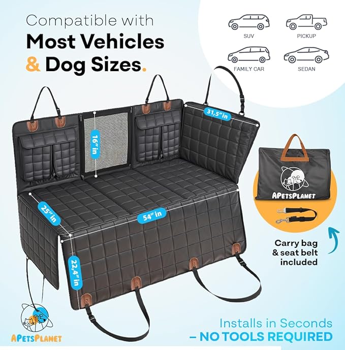 APetsPlanet Dog Car Seat Cover for Back Seat Hard Bottom - Waterproof Backseat Extender for Dogs - Pet Hammock Bed for Car, Truck, SUV with Mesh Window & Storage - Black Leather, with Door Covers-PawvioPets