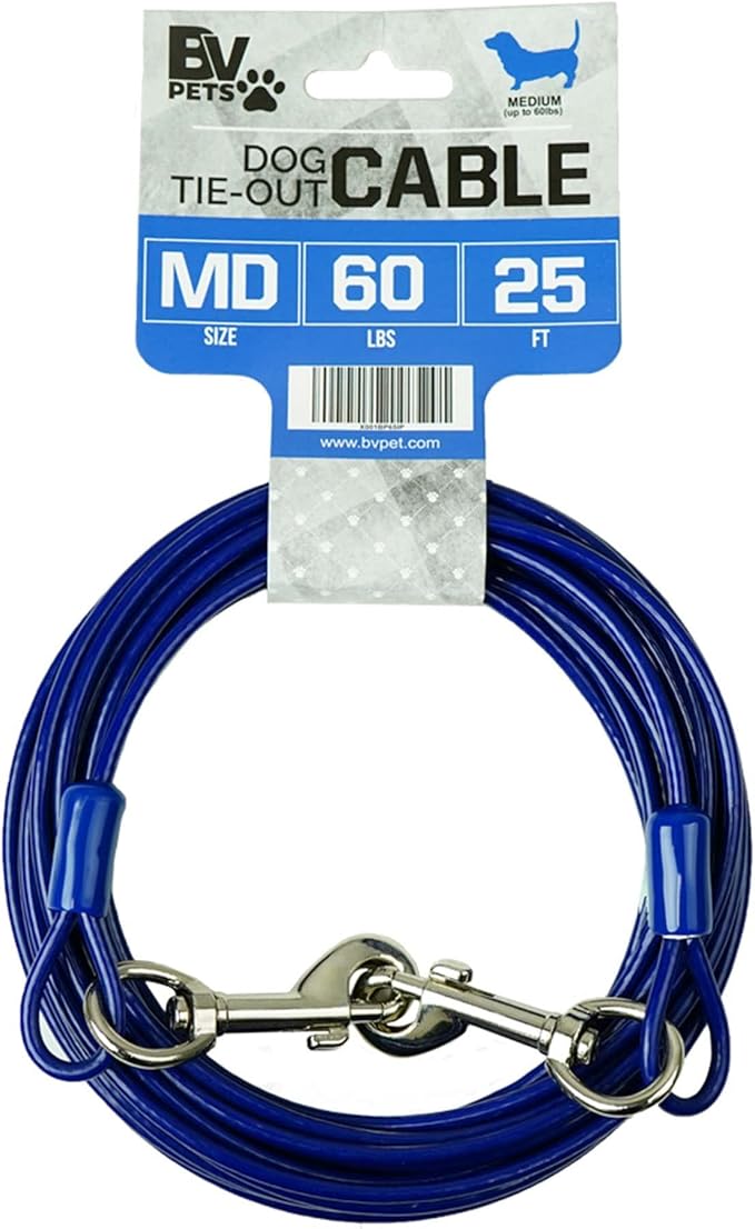 BV Dog Tie Out Cable 25 Feet - Heavy Duty Dog Lead Up to 60 Pounds - Reflective & Rust-Free with Quick Release Swivel Clips & 360° Rotating Clasp - Tangle-Free Dogs Runner for Yard (Blue, Single)-PawvioPets