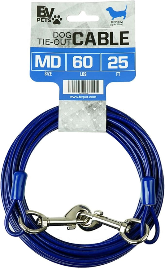 BV Dog Tie Out Cable 25 Feet - Heavy Duty Dog Lead Up to 60 Pounds - Reflective & Rust-Free with Quick Release Swivel Clips & 360° Rotating Clasp - Tangle-Free Dogs Runner for Yard (Blue, Single)-PawvioPets