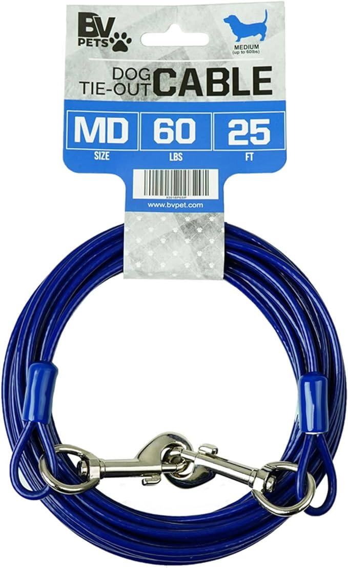 BV Dog Tie Out Cable 25 Feet - Heavy Duty Dog Lead Up to 60 Pounds - Reflective & Rust-Free with Quick Release Swivel Clips & 360° Rotating Clasp - Tangle-Free Dogs Runner for Yard (Blue, Single)-PawvioPets