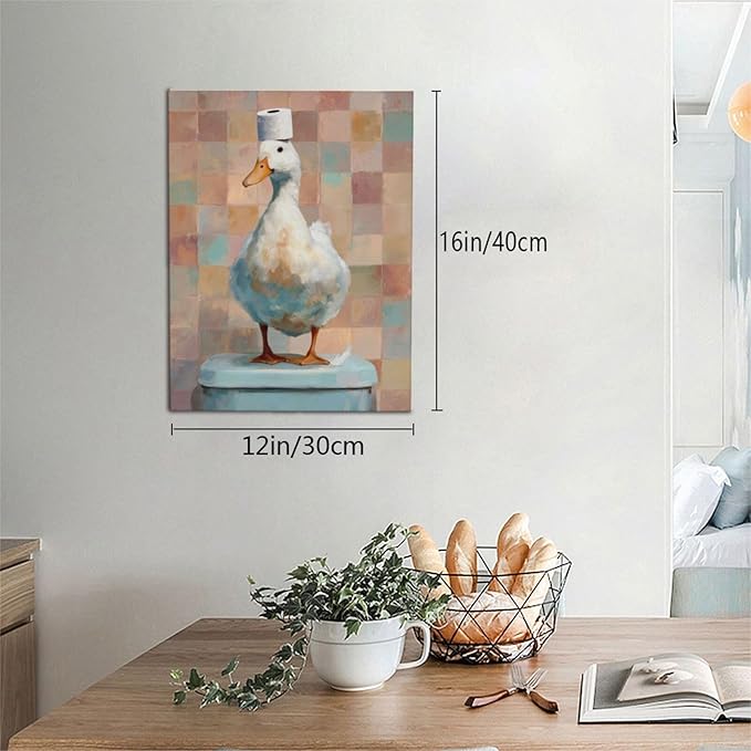 Funny Duck Bathroom Wall Art Cute Duck on Toilet Canvas Wall Decor Funny Quirky Farm Animal Pictures Painting Print Framed Artwork Decorations Gifts for Bathroom 12"x16"-PawvioPets