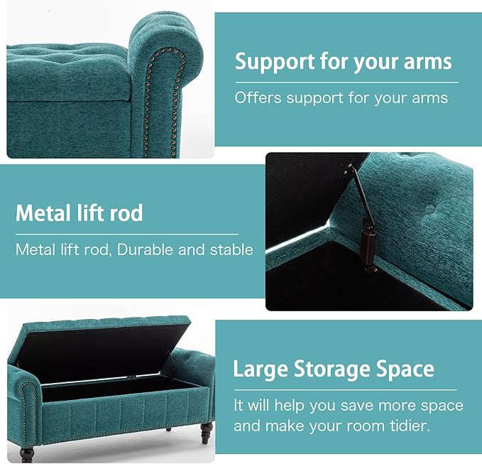 58’’ Storage Bench for Bedroom, Upholstered Button-Tufted Ottoman with Solid Wood Legs, Queen Size End of Bed Shoe Cabinet, Window Seat Foot Rest Stool for Entryway, Living Room (Teal)-PawvioPets