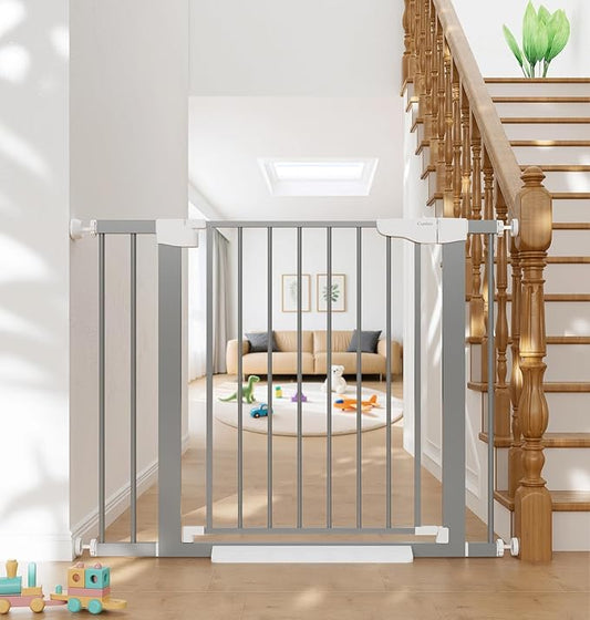 Cumbor 29.7"-40.6" Baby Gate for Stairs, Mom's Choice Awards Winner-Dog Gates for Doorways, Pressure Mounted Auto-Close Pet Gates for Dogs Indoor, Safety Child Gate with Easy Walk Thru Door, Gray-PawvioPets