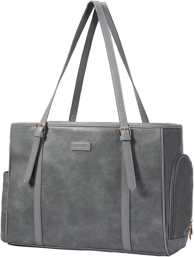 Fashion Dog Purse Pet Carrier Leather Bag for Small Dogs Cats Puppy, Portable Tote Bag Airline Approved Soft-Sided Carriers (Grey)-PawvioPets