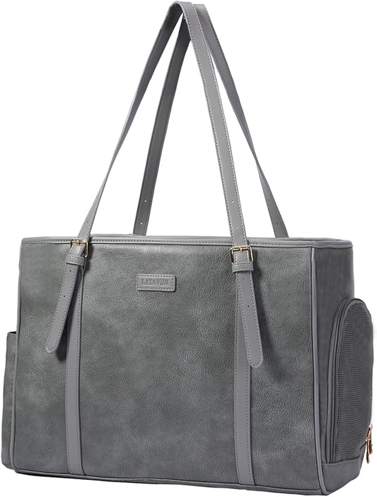 Fashion Dog Purse Pet Carrier Leather Bag for Small Dogs Cats Puppy, Portable Tote Bag Airline Approved Soft-Sided Carriers (Grey)-PawvioPets