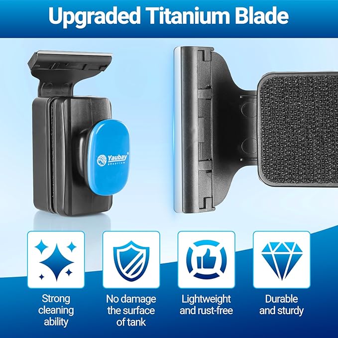 Aquarium Magnet Glass Cleaner, Magnetic Fish Tank Cleaner with Algae Scraper, Double Sided Cleaning Scrubber Brush with Handle, Titanium Blade, Self-Floating, Fit Max 1/4" Thick Glass, Medium-PawvioPets