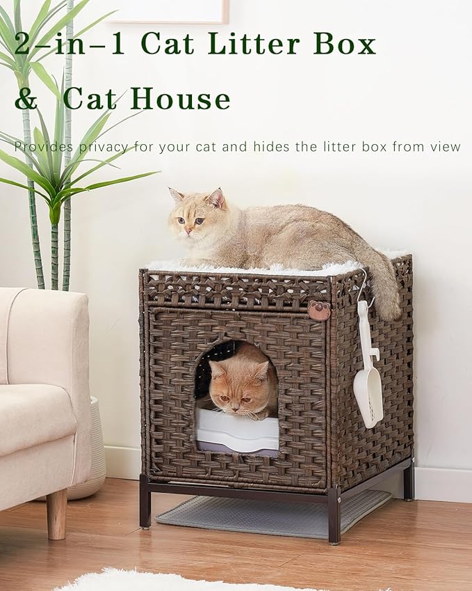 Cat Litter Box Enclosure Hidden Litter Box Furniture with Metal Heightened Feet, Rattan Handwoven Cat House with Litter Mat, Hidden Litter Box Furniture for Bedroom Living Room Brown-PawvioPets